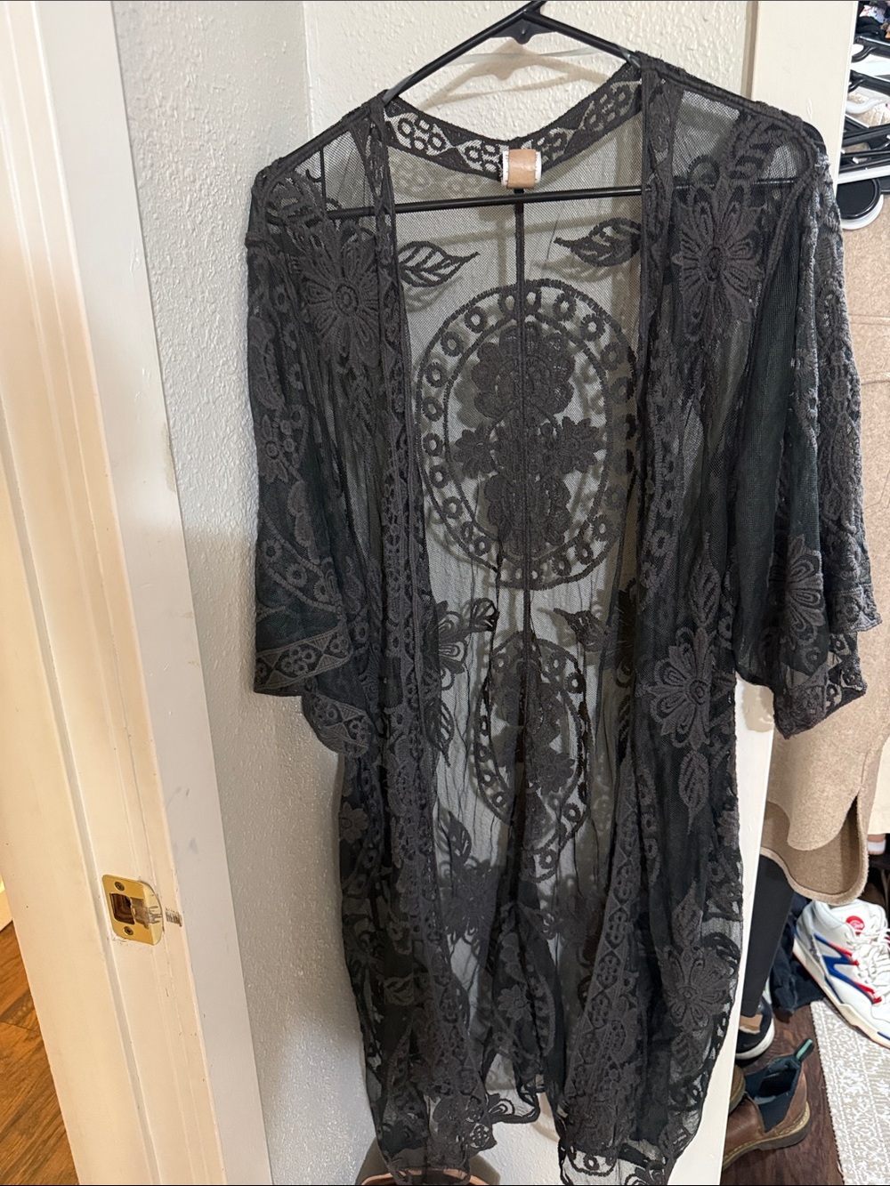 Embroidered Sheer Lace Kimono Cardigan - Black